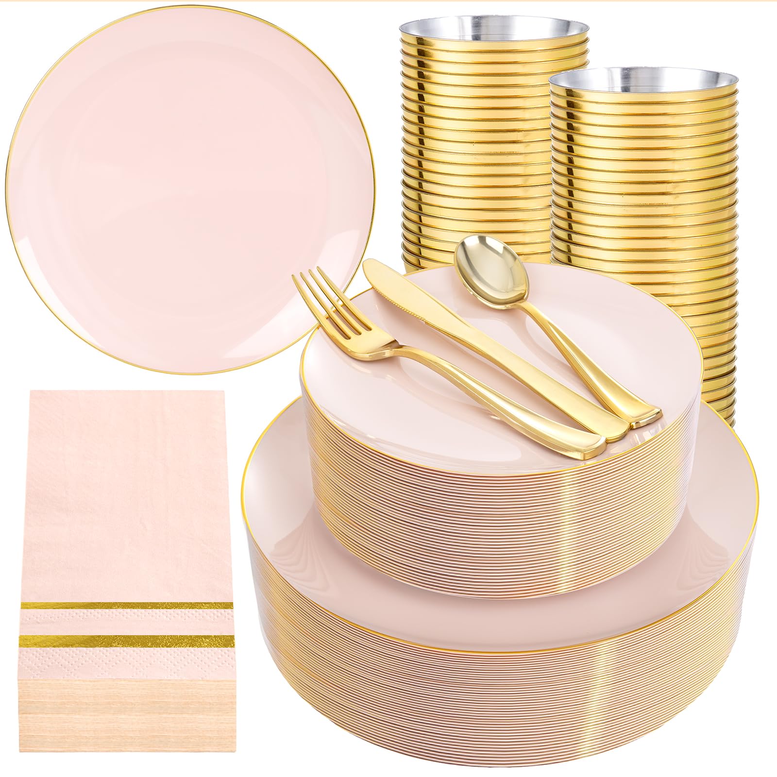 Photo 1 of NOCCUR 350PCS Pink and Gold Plastic Plates - Pink Disposable Plastic Dinnerware Set for 50 Guests Include 50 Dinner Plates,50 Dessert Plates,150 Gold Cutlery,50 Cups&50 Napkins for Party&Wedding