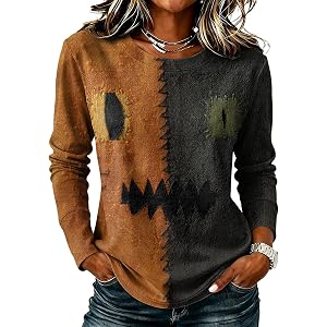 Women Patchwork Stitched Pumpkin Halloween Long Sleeve Tops Round Neck Faux Leather Color Block Fashion Shirts