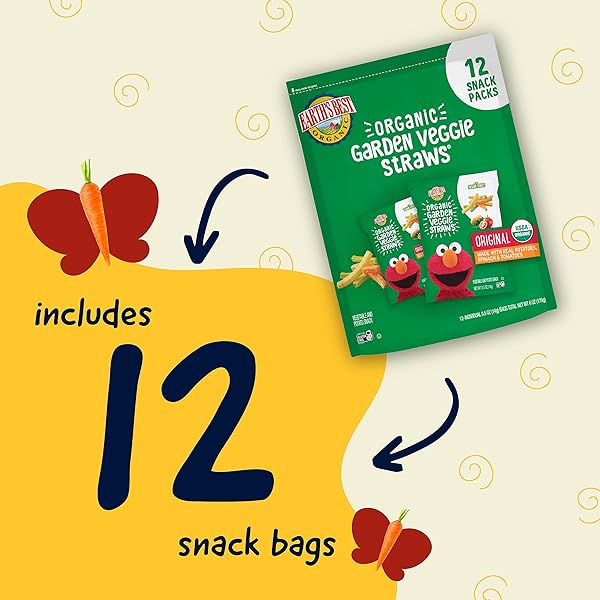 EARTH’S BEST ORGANIC KIDS SNACKS, SESAME STREET TODDLER SNACKS, ORGANIC GARDEN VEGGIE STRAWS FOR TODDLERS 2 YEARS AND OLDER, ORIGINAL, MULTIPACK, .5 OZ BAGS, 12 COUNT