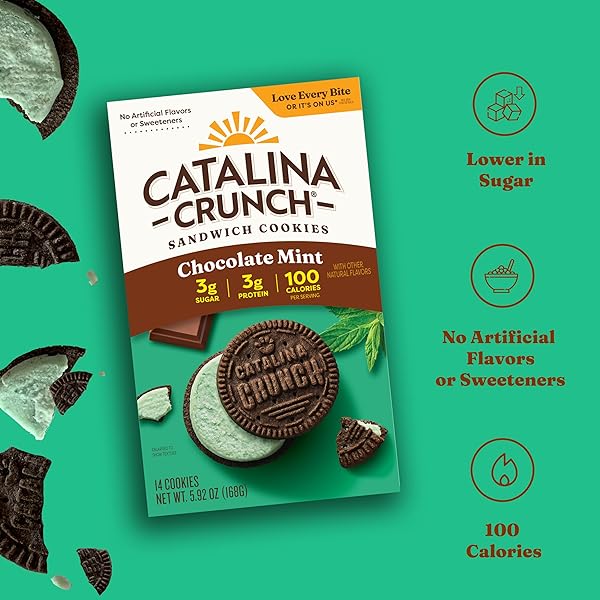 CATALINA CRUNCH PROTEIN COOKIES, 4G PROTEIN PER SERVING | LOW-SUGAR SANDWICH COOKIES | GLUTEN FREE, VEGAN | KETO DESSERT SNACKS – CHOCOLATE MINT, 5.9 OZ. (14 COUNT)