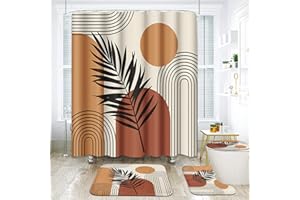 ArtSocket Boho Bathroom Set with Shower Curtain and Rugs Accessories, Mid Century Sun Brown Leaves Modern Shower Curtain for Bathroom Decor 4 Pcs