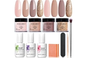 Modelones Dip Powder Nail Kit Starter, 4 Colors Nude Gold Glitter Nail Dip Powder Kit with Dip Powder Liquid Set Base Top Activator DIY Kit