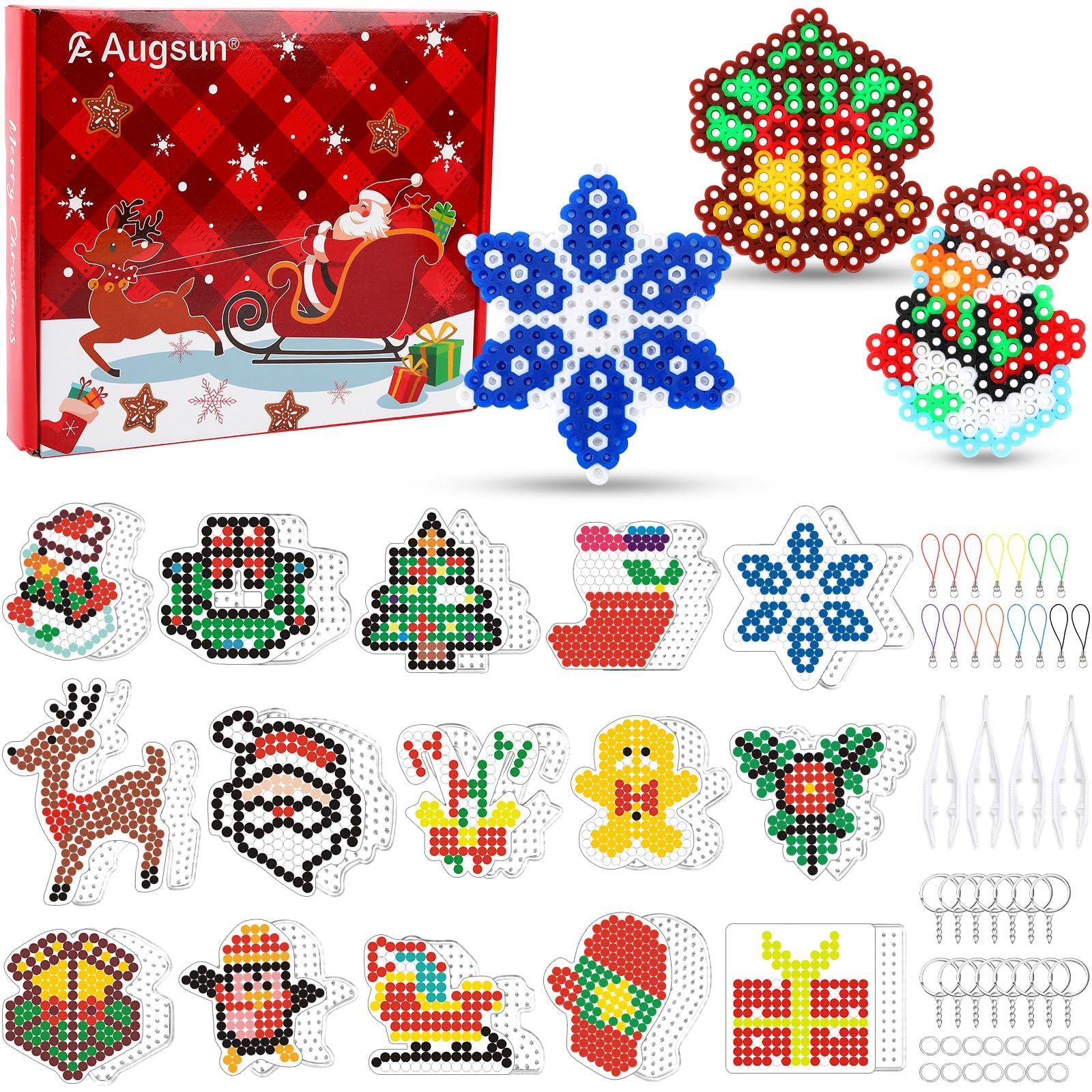 AUGSUN Fuse Beads Pegboards, Christmas 5 mm Fuse Beads Pegboards Kit, Including 15 Plastic Boards, 15 Hang Ropes, 15 Keychains, 4 Tweezers and 1 Gift Box for Art Crafts