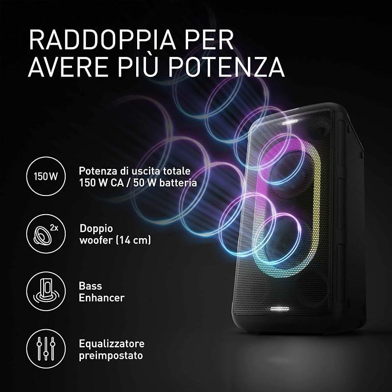 SC-BMAX10E-K Altoparlante Portatile per Feste con Bluetooth, Luci Integrate, 150W, USB, Ingresso Ottico per TV, Ingressi Chitarra e Microfono per Karaoke, Nero