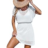 CUPSHE Women Crochet Swim Cover Up Short Sleeve V Neck Bathing Suit Beach Dress Summer Swimwear Coverups