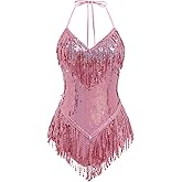 IMEKIS Women Sparkle Sequins Fringes Bodysuit Concert Rave Outfit Music Festivals Disco Party Halloween Costume