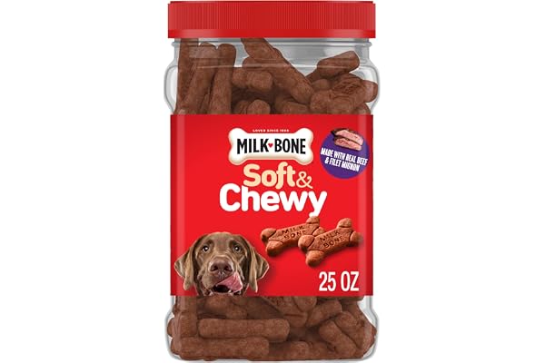 Milk-Bone Soft & Chewy Dog Treats, Made with Real Beef & Filet Mignon, 25 Ounce Canister