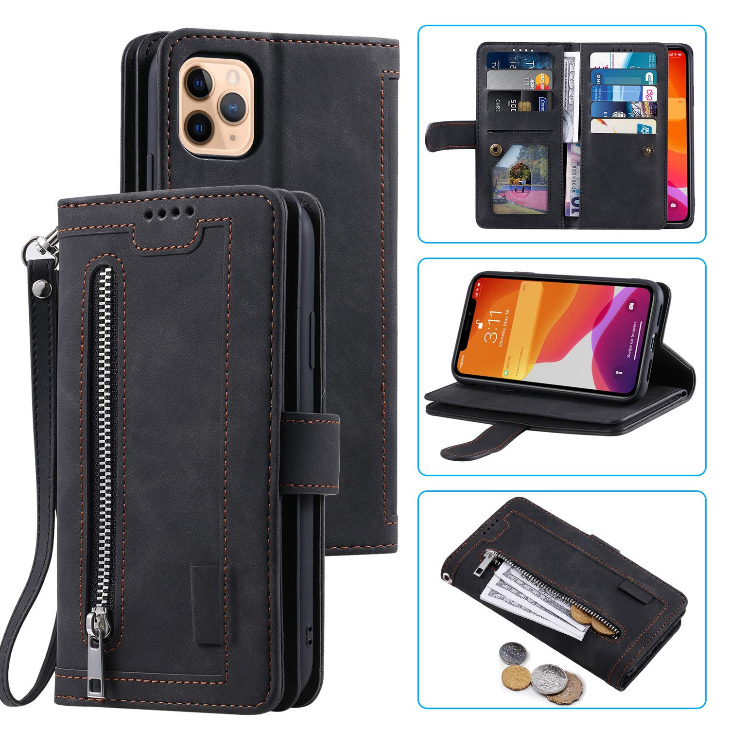 EYZUTAK Wallet Phone Case for iPhone 16 Pro Max, Retro Matte 9 Card Holder Slots Zipper Pocket Case PU Leather Magnetic Closure Kickstand with Wrist Strap Folio Flip Case - Black