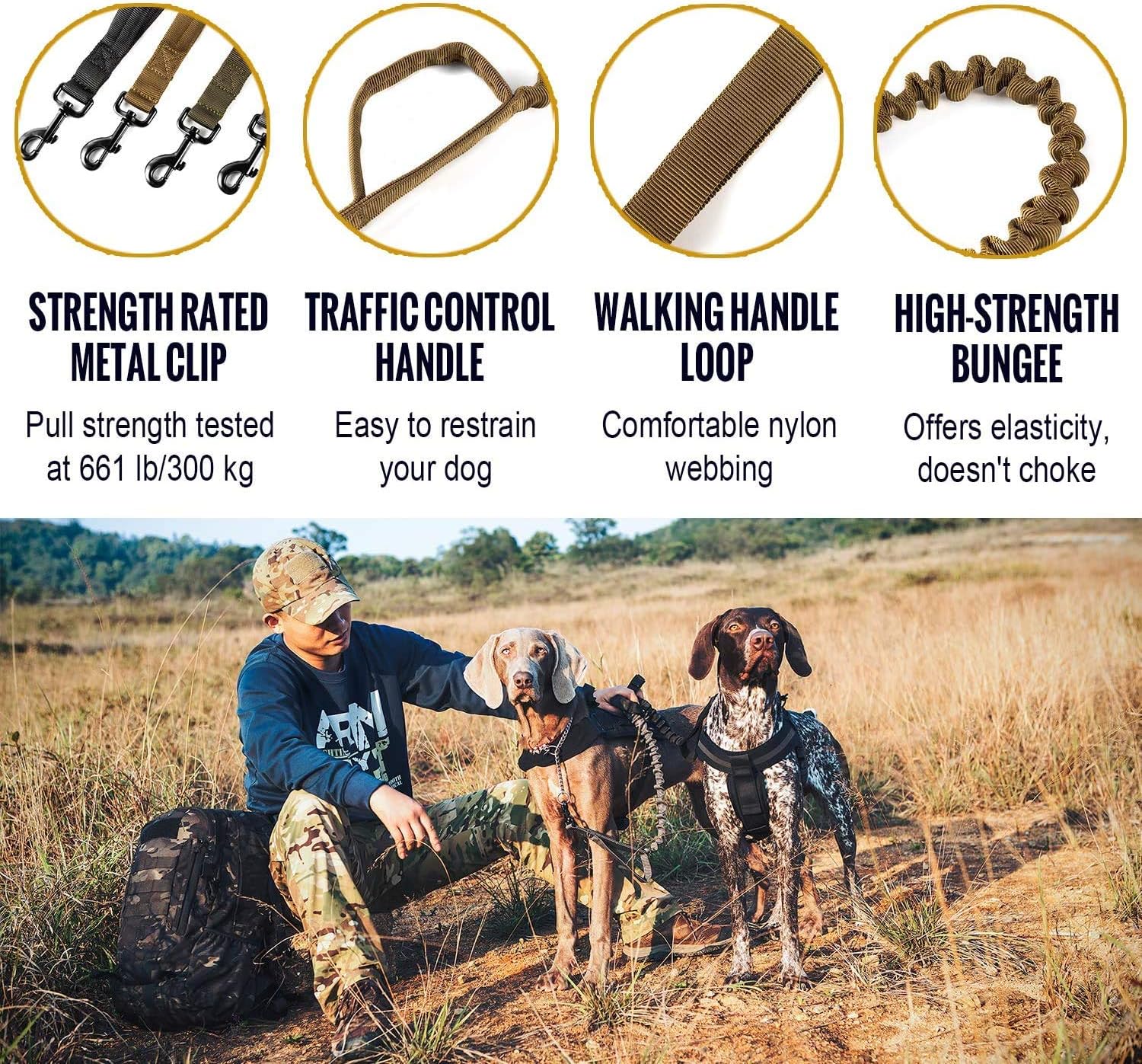 OneTigris Tactical Dog Training Leash Bungee Leash with 2 Control Handle Quick Release Nylon Leads Rope, Brown, Medium - Image 3