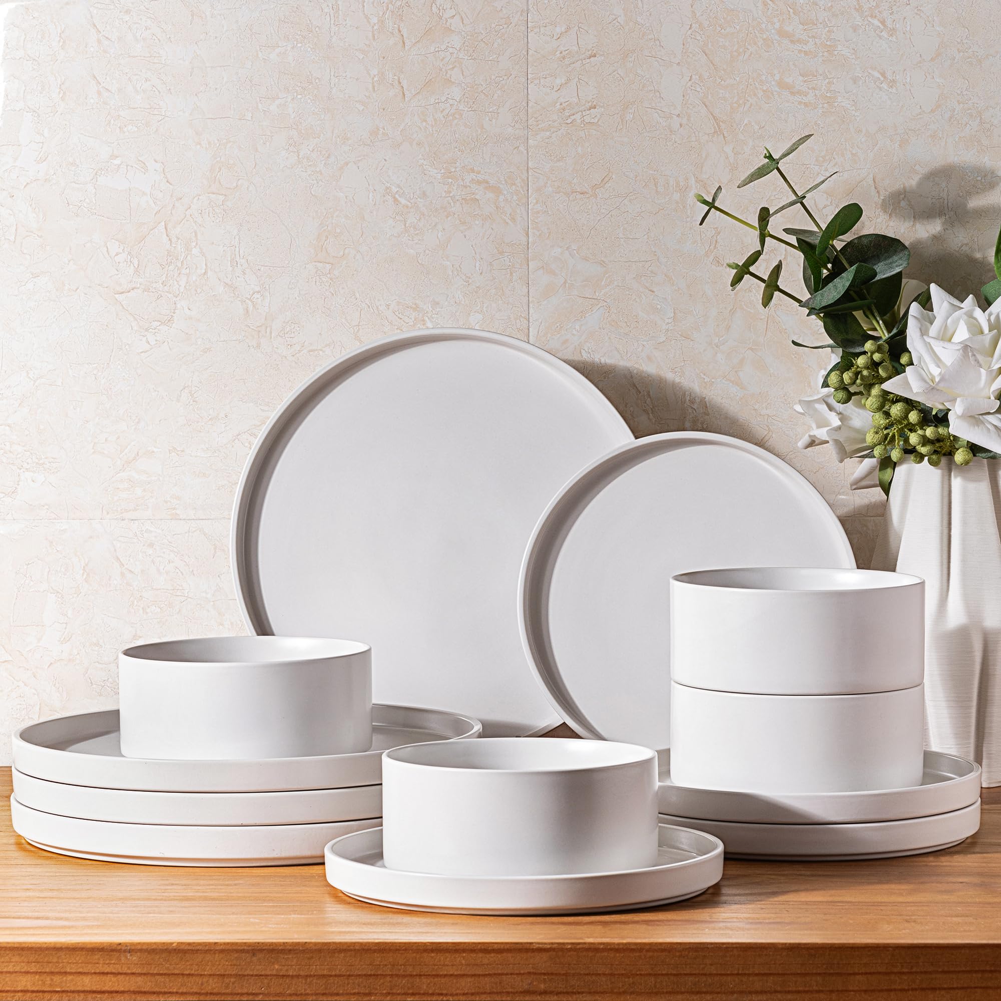 GBHOME Ceramic Dinnerware Set For 8 — Stoneware Plates & Bowls, Chip Resistant, Dishwasher/Microwave/Oven Safe, Reactive Glaze Green
