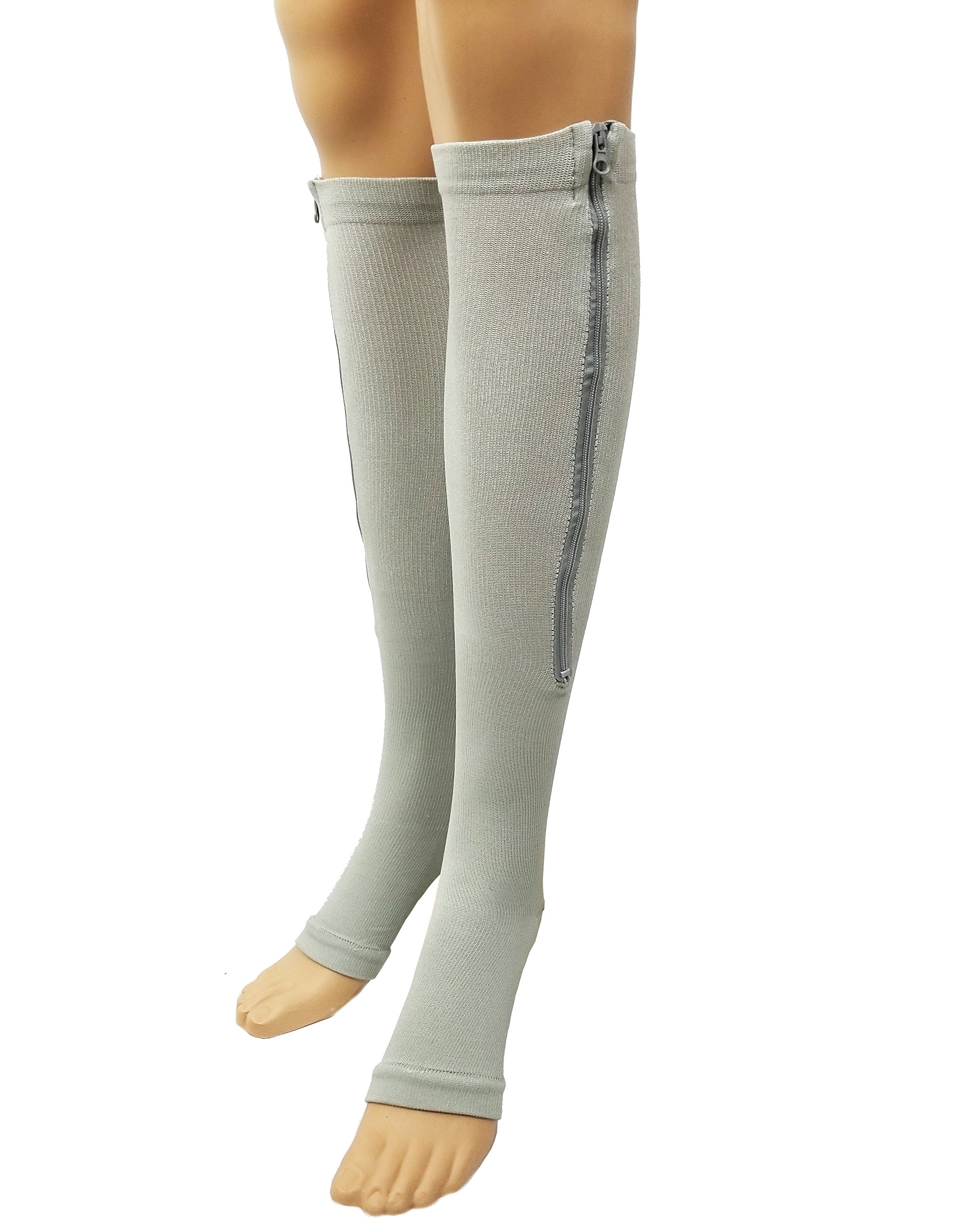 5StarDeals Zipper Compression Socks Supports Stockings Leg Open Toe 23-32mmHg Zipper (S-M, Gray)