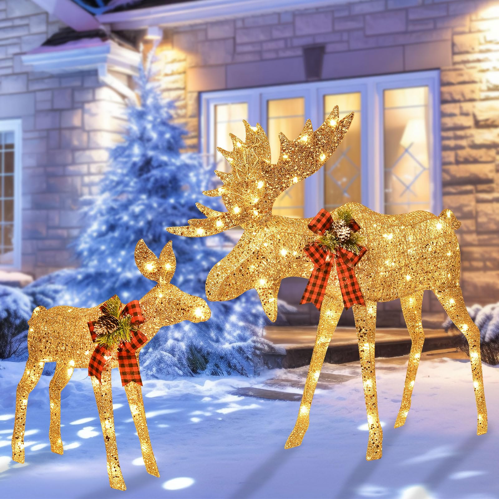 Photo 1 of HOYECHI Lighted Christmas Decoration Moose Family - Light up Moose 2 Set with 135 Lights - Outdoor Yard Decoration Kit Including 2-Piece Deer, Stakes, and Extension Cord - Gold