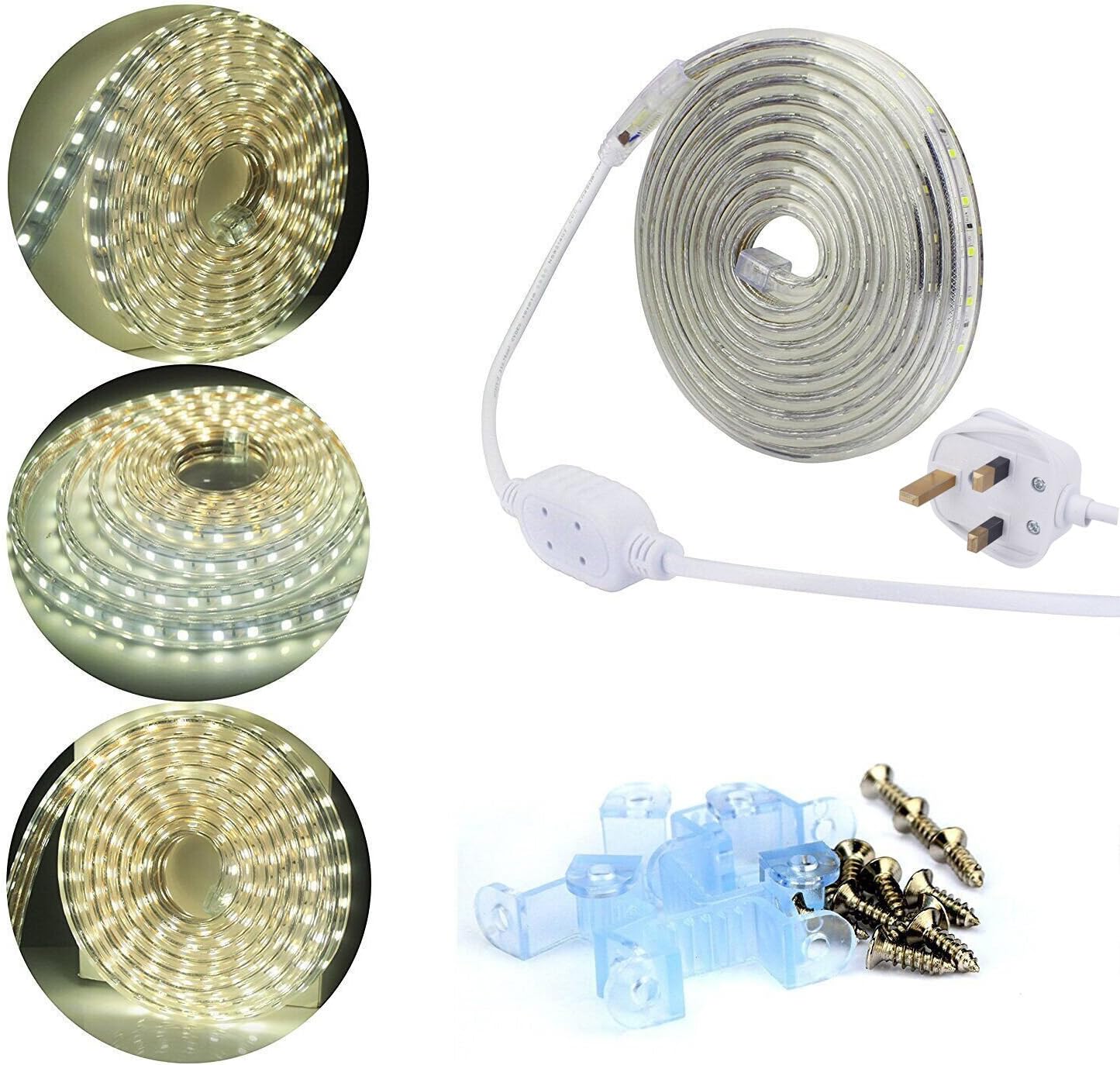 ALED LIGHT® 220v Mains Voltage LED Strip Lights Rope Lights Daylight White, 10M 600LEDs 5050 SMD IP67 with UK Plug LED Tape, Ideal for Kitchen Lighting, Decking Lights, Bathrooms, Plinth Lights, Garden Lighting