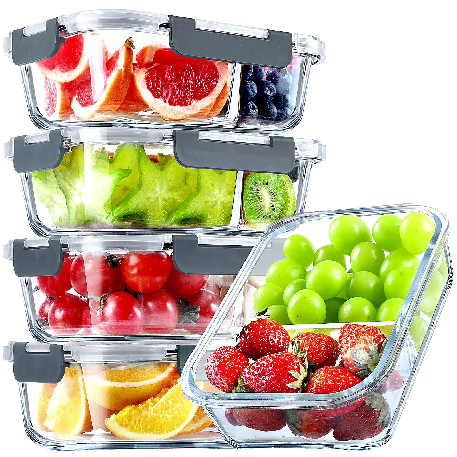 Photo 1 of VERONES 5 Pack Glass Meal Prep Containers 2 Compartment Set, 36OZ Airtight Glass Lunch Containers, Glass Food Storage Containers with Lids, for Microwave, Oven, Freezer & Dishwasher Friendly,Grey