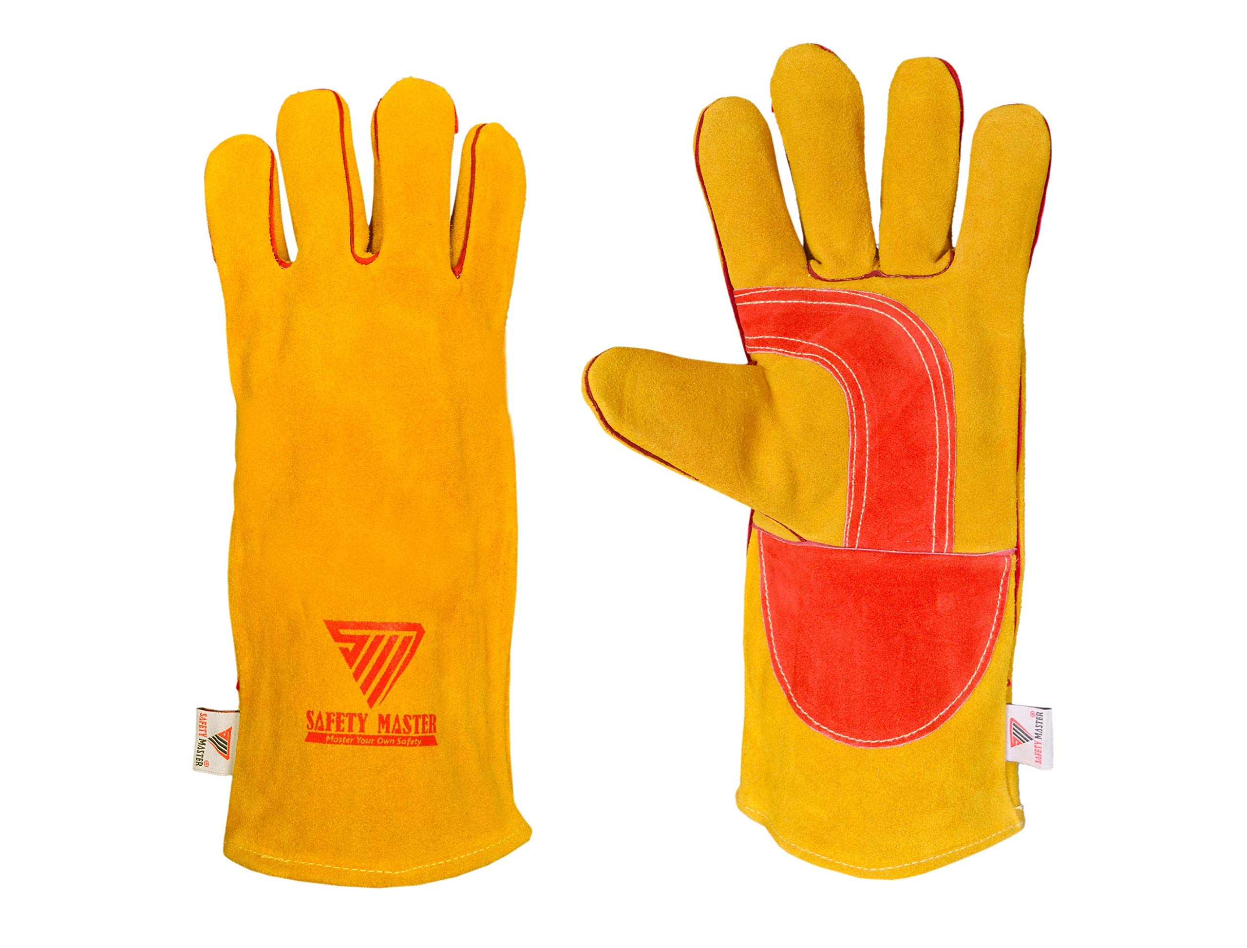Safety Master Premium Welding Gloves, Yellow Cow-Split Leather With Reinforced Double Layer Palm & Denim lined Cuff, Kevlar Stitched,Leather Welted for Strength. (35 cm)