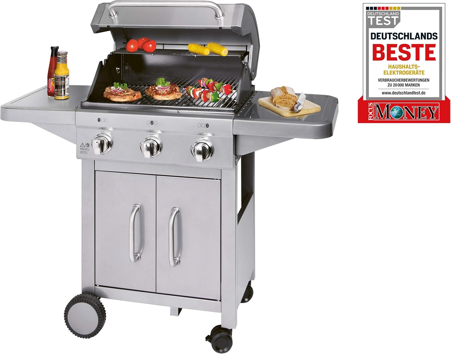 Profi Cook PC-GG 1179 Gasgrill, 3 Edelstahlbrenner, 3 Heizzonen für individ. Temperatursteuerung, stufenlose Temperatureinstellung, herausnehmbarer Fettauffangbehälter, Temperaturanzeige, Edelstahl