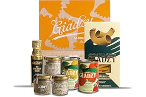 Giadzy by Giada De Laurentiis Italian Gourmet Gift Box - Includes Mini Gold - Wrapped Olive Oil, Gluten Free Ziti Corti, Peeled Yellow and Red Datterini Tomatoes, Spice Trio Pack
