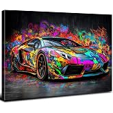 Graffiti Wall Art Car Poster for Boys Room Decor Banksy Cool Lamborghini Picture Colorful Supercar Canvas Prints Mens Bedroom Living Room Race Vehicle Artwork Playroom Man Cave Home Decorations 12x16