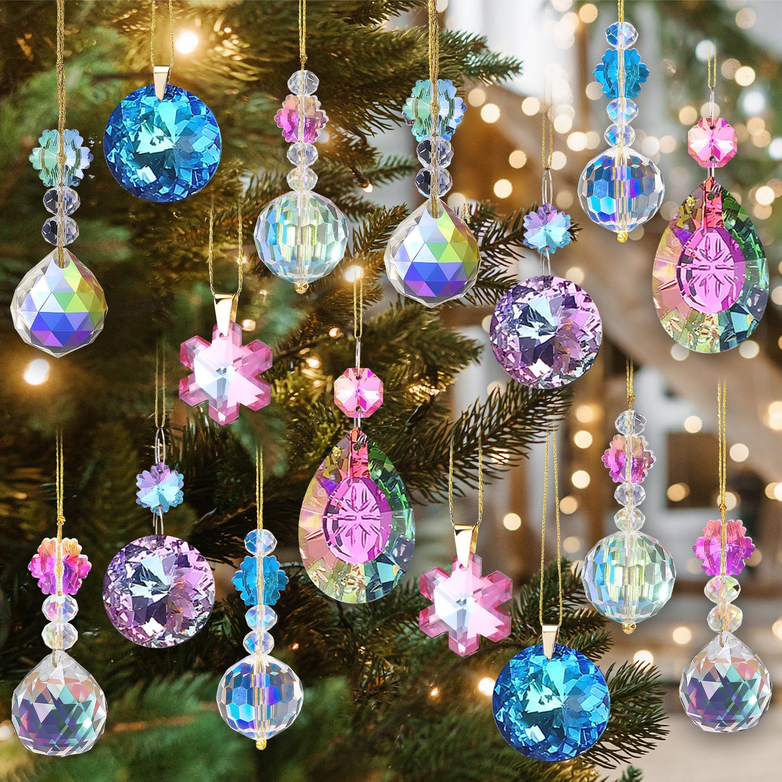 Photo 1 of **Only 15** Misdary 36 Pcs Crystal Iridescent Ornaments for Christmas Tree AB Color Hanging Crystal Glass Ball Decorations Hanging Xmas Teardrop Prism Glass Ball for Xmas Party Wedding Home Decor