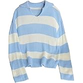 WDIRARA Girl's Striped Sweater Collar Long Sleeve Pullover Letter Patched Knitted Top