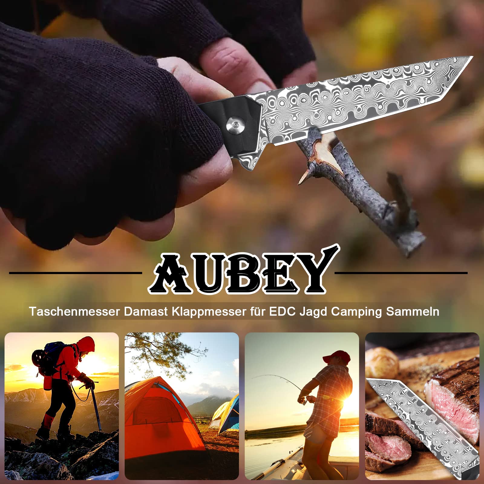 AUBEY Damast Taschenmesser Klappmesser mit Clip, Damaststahl Klinge Tanto Messer mit Flipper, Liner Lock, Aluminium Griff, Glasbrecher, Geschenkbox - Einhandmesser für EDC Jagd Camping Sammeln 9