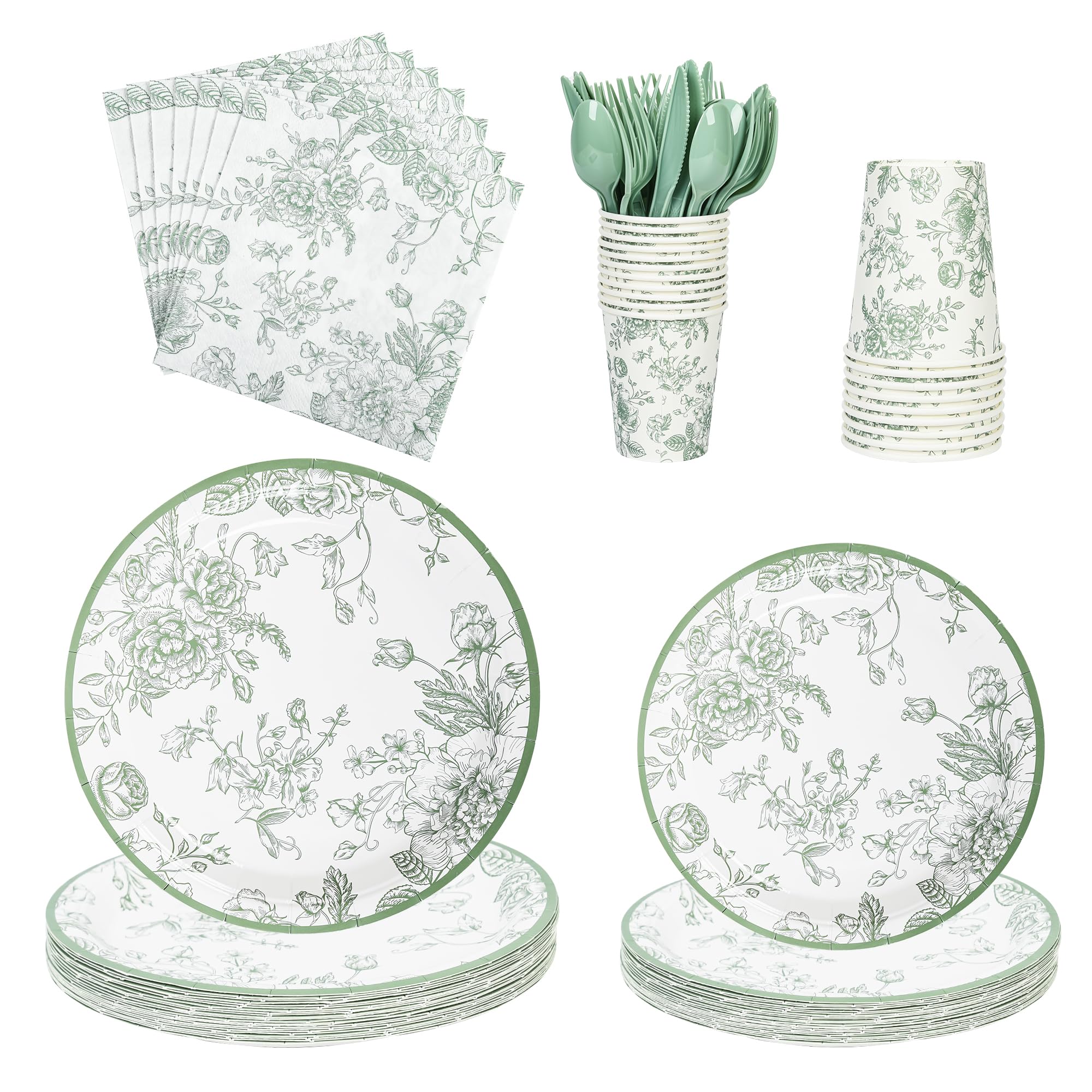 Photo 1 of 175Pcs Sage Green Floral Paper Plates and Napkins 25 Guests Green Toile Chinoiserie Party Supplies Set Include Plates Napkins Cups Spoons Forks Knives for Birthday Wedding (175, Sage Green Floral)