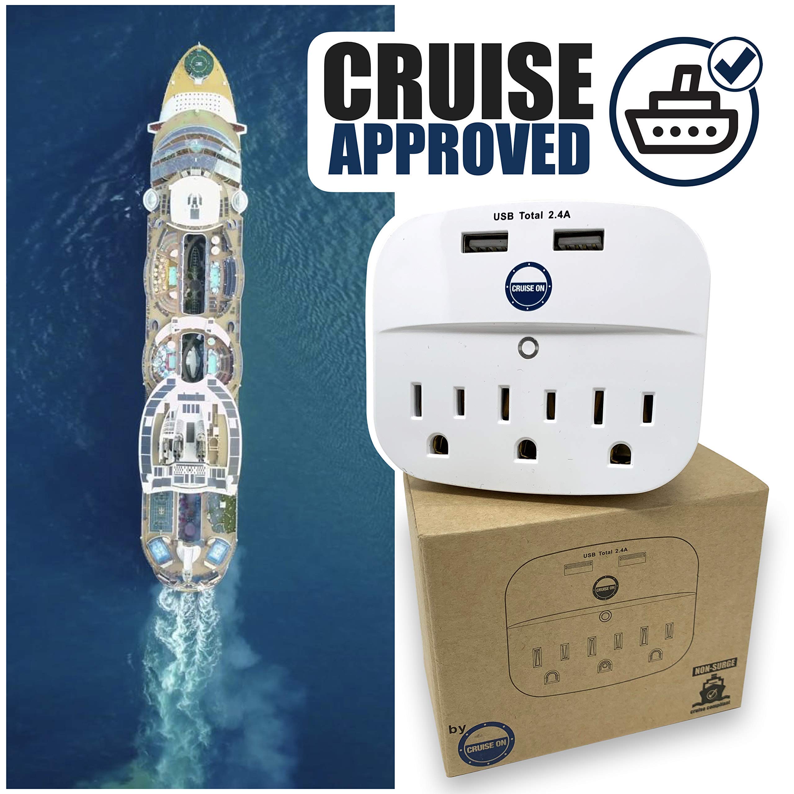 Cruise Approved Power Strip - Non Surge Protector for Cruise Ship with 2 USB Outlets - Cruise Ship Essentials 2025 for Carnival, Princess, Norwegian, Holland America, MSC & Major Cruise Lines (White)