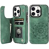 Vaburs Compatible with iPhone 16 Pro Case Wallet with Card Holder, Embossed Mandala Pattern Flower PU Leather Double Buttons Flip Shockproof Cover for Magnetic Car Mount 6.3 Inch (Dark Green)