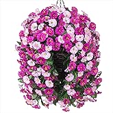 MJFloria Artificial Fake Flowers Plants Hanging Baskets Outdoor Outside Spring Decor, Faux Silk Light Fuchsia and Fuchsia UV Resistant Look Real Morning Glory Home Patio Porch Balcony Decoration