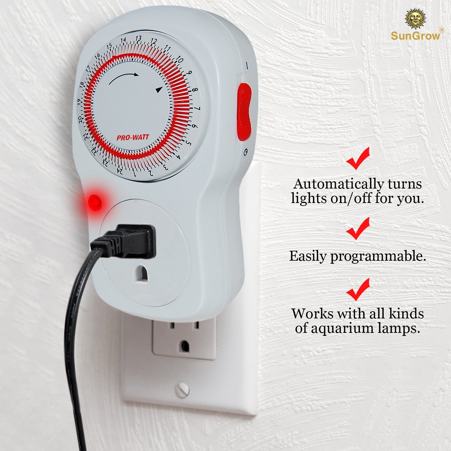 24 Hour Timer for Aquarium Lights by SunGrow: Heavy duty mechanical timer switch: Easy to program with 15 minute Increments: Safe grounded 3 prong outlet: Use for household appliances