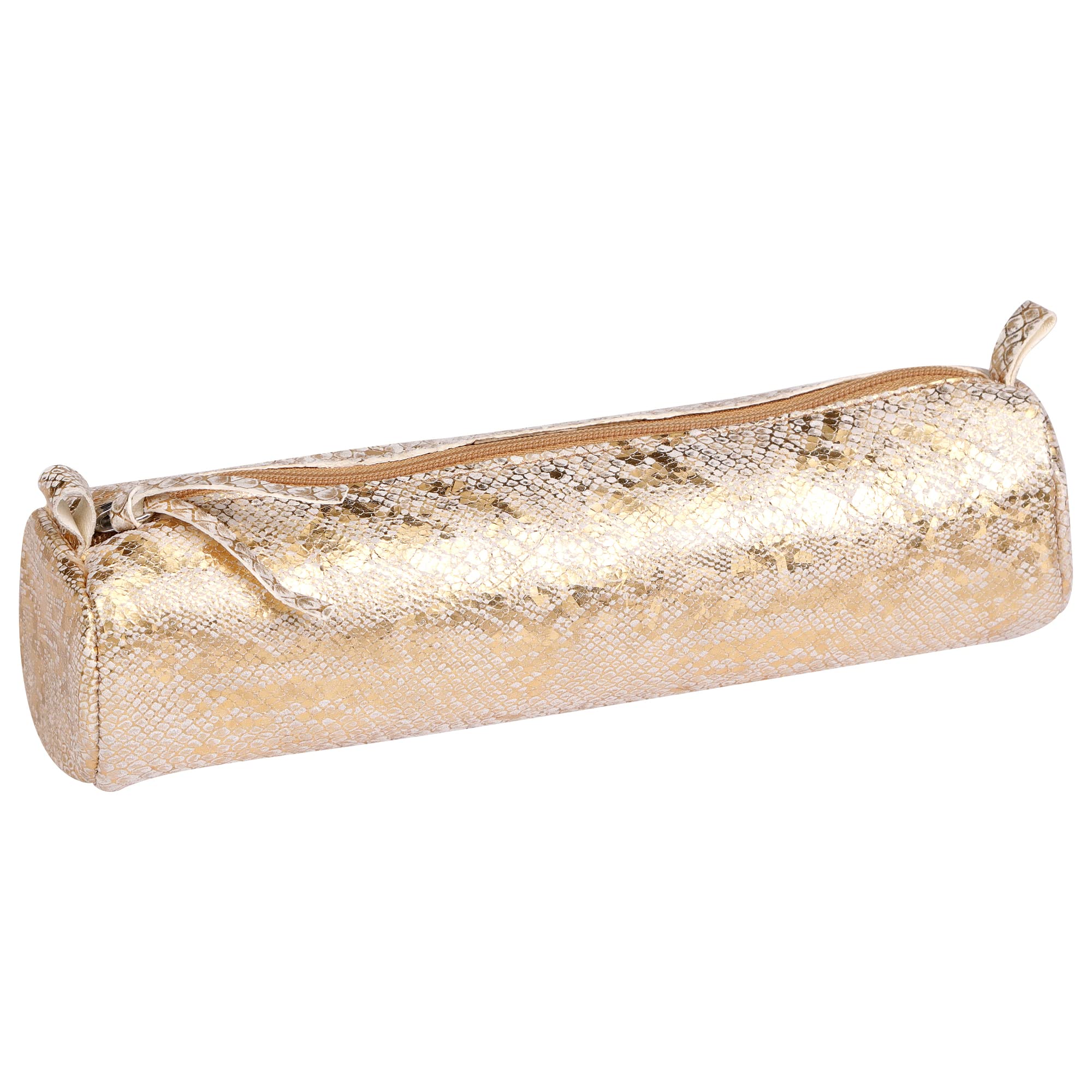 Clairefontaine - Ref 410026C - Céleste' Leather Round Pencil Case - 22cm x 5.5cm, Made From Genuine Lambskin Leather, Metal Zip With Leather Puller - Gold