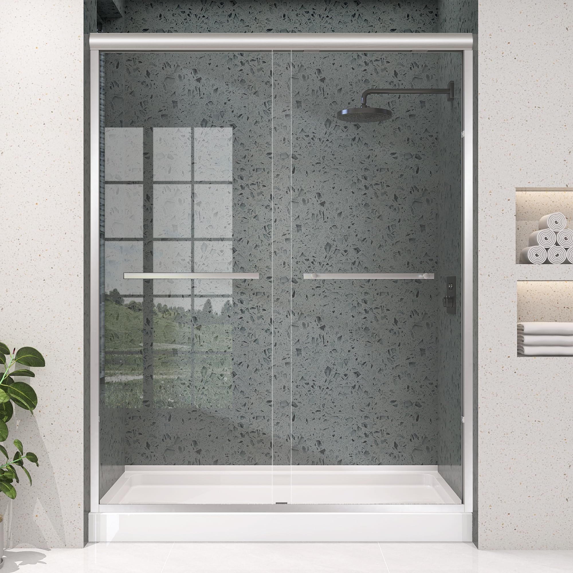 Photo 1 of OGONBRICK Shower Door 68-72 in. W x 75 in. H Double Sliding Semi-Frameless Glass Shower Doors for Bathroom 1/4 inch Clear Tempered Glass Door for Walk-in Shower Brushed Nickel Harewares