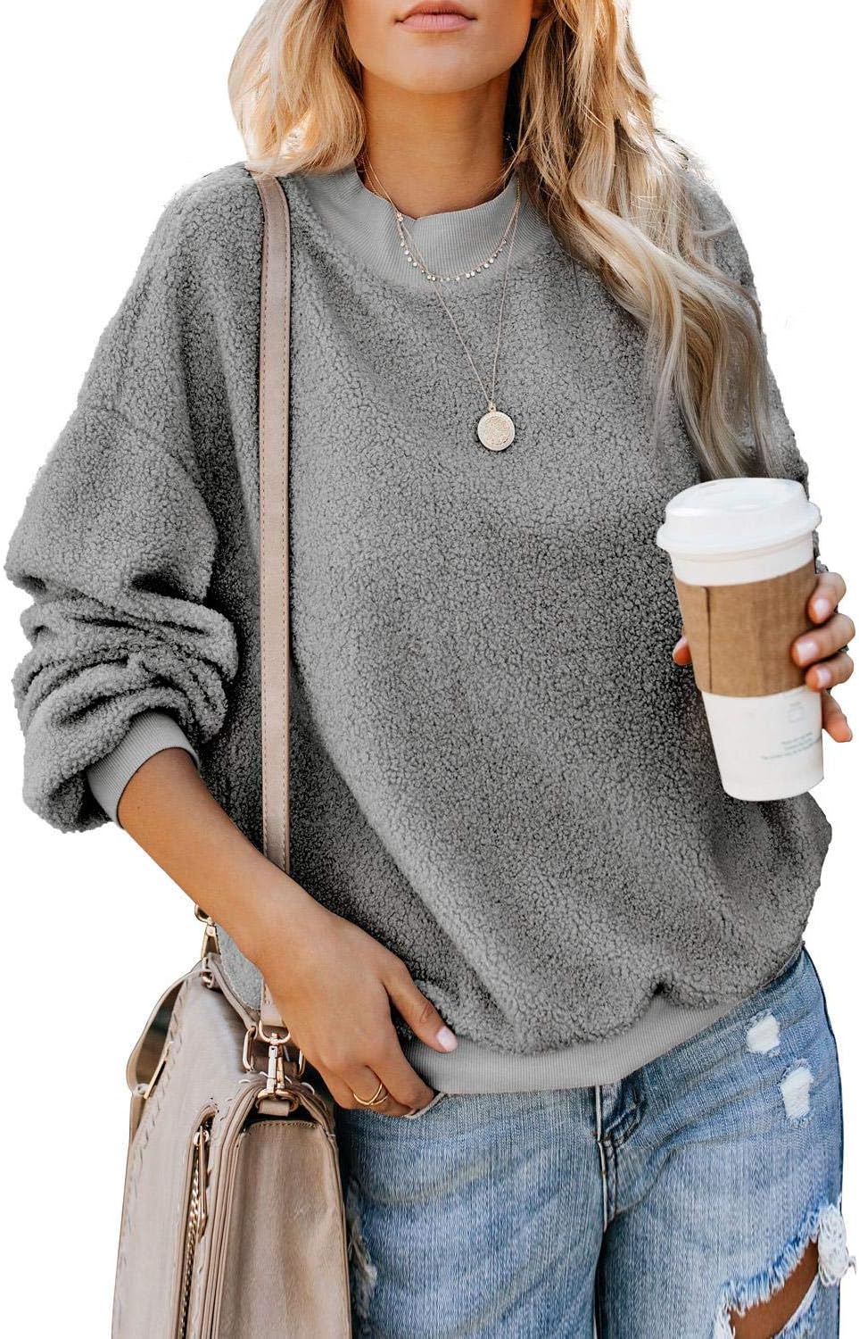 Womens Fuzzy Fleece Crewneck Pullover Sweatshirt Fluffy Warm Loose Tops