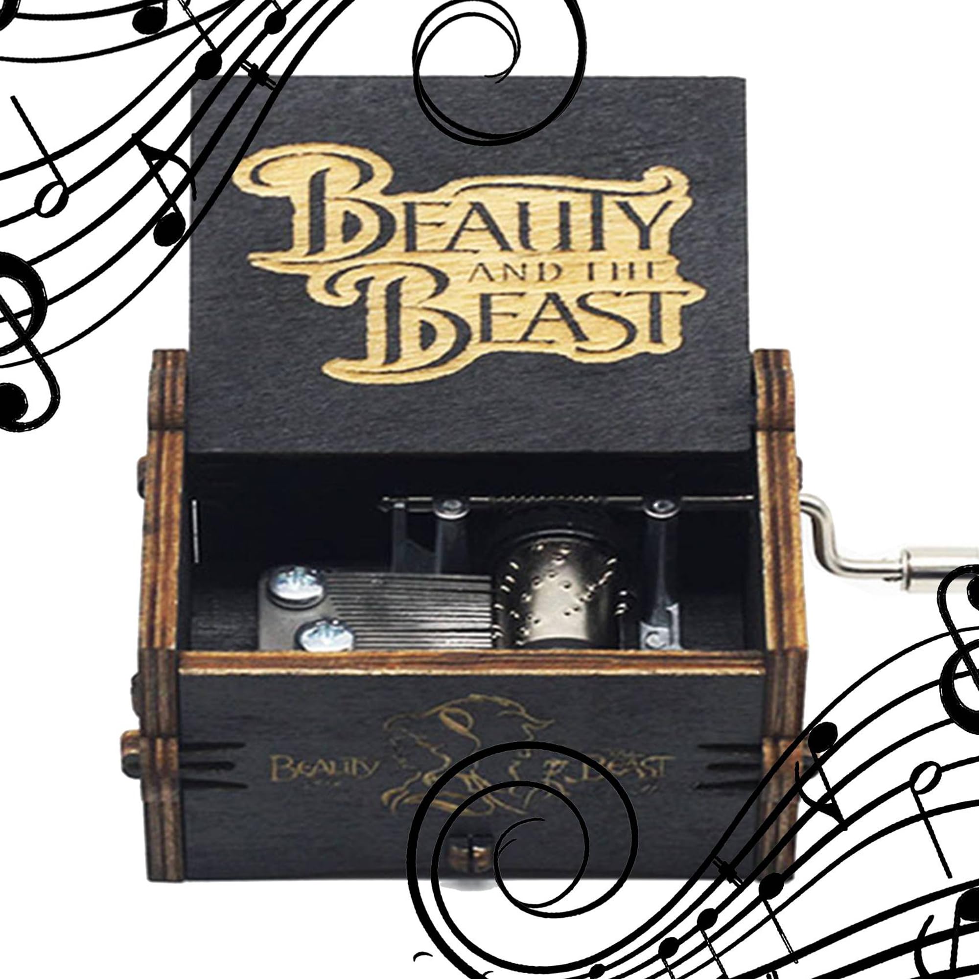 MINGZE Wooden Music Box, Variety of Styles Themed Music Box, Antique Carved Crank for Kids Birthday/Christmas (Beauty and The Beast(Black))