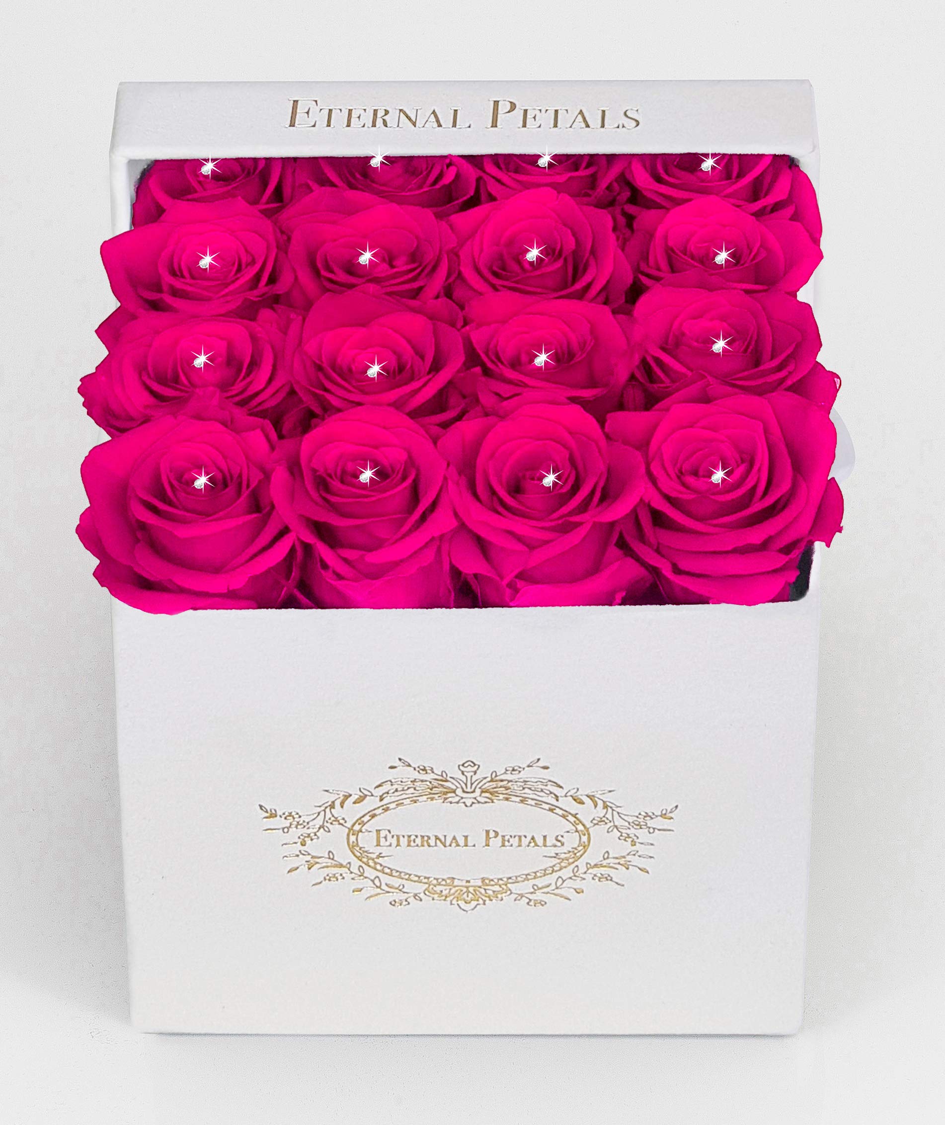 Eternal Petals Real Roses That Last A Year - 16 roses in a White Flower Box with 16 Crystals (Hot Pink)