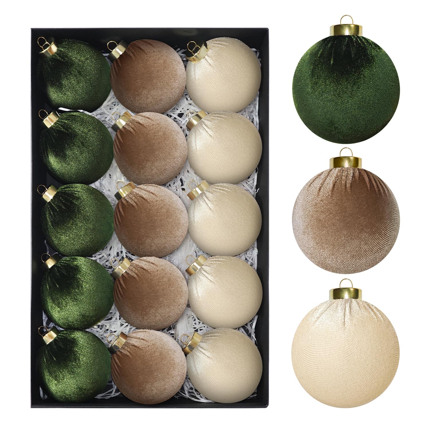 Photo 1 of 15 PCS Green and Brown Velvet Balls Ornaments for Christmas Tree, 3.15" Large Balls Velvet Christmas Ornaments Set Decor for Tree Mantle Wreath, Neutral Vintage Shatterproof Xmas Indoor Home Decor