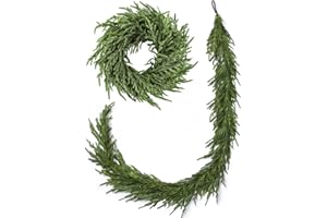 ENVEN Real Touch Norfolk Pine Christmas Garland and Wreath Set, 24IN Green Wreath and 9FT Christmas Garland Artificial Faux Greenery Norfolk Pine for Holiday Indoor Mantle Decor