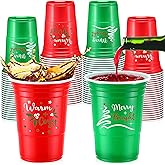 Pickmesh 50 Pcs Christmas Plastic Cups 16oz Red and Green Merry Bright Disposable Cups for Xmas Party Supplies Seasonal Holiday Party Tumblers for Hot Cold Drinks Coffee Juice Beer Candy Snacks