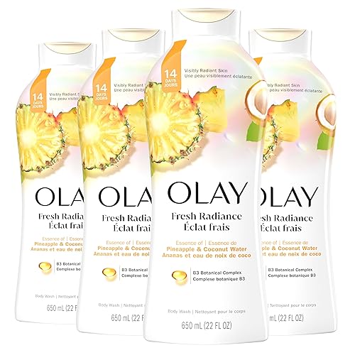 Olay Body Wash for Women, Fresh Radiance, Refreshing & Renewing, Made with Plant Based Cleansers, B3 Botanical Complex, For All Skin Types, Pineapple & Coconut Water Scent, 22 fl oz (Pack of 4)