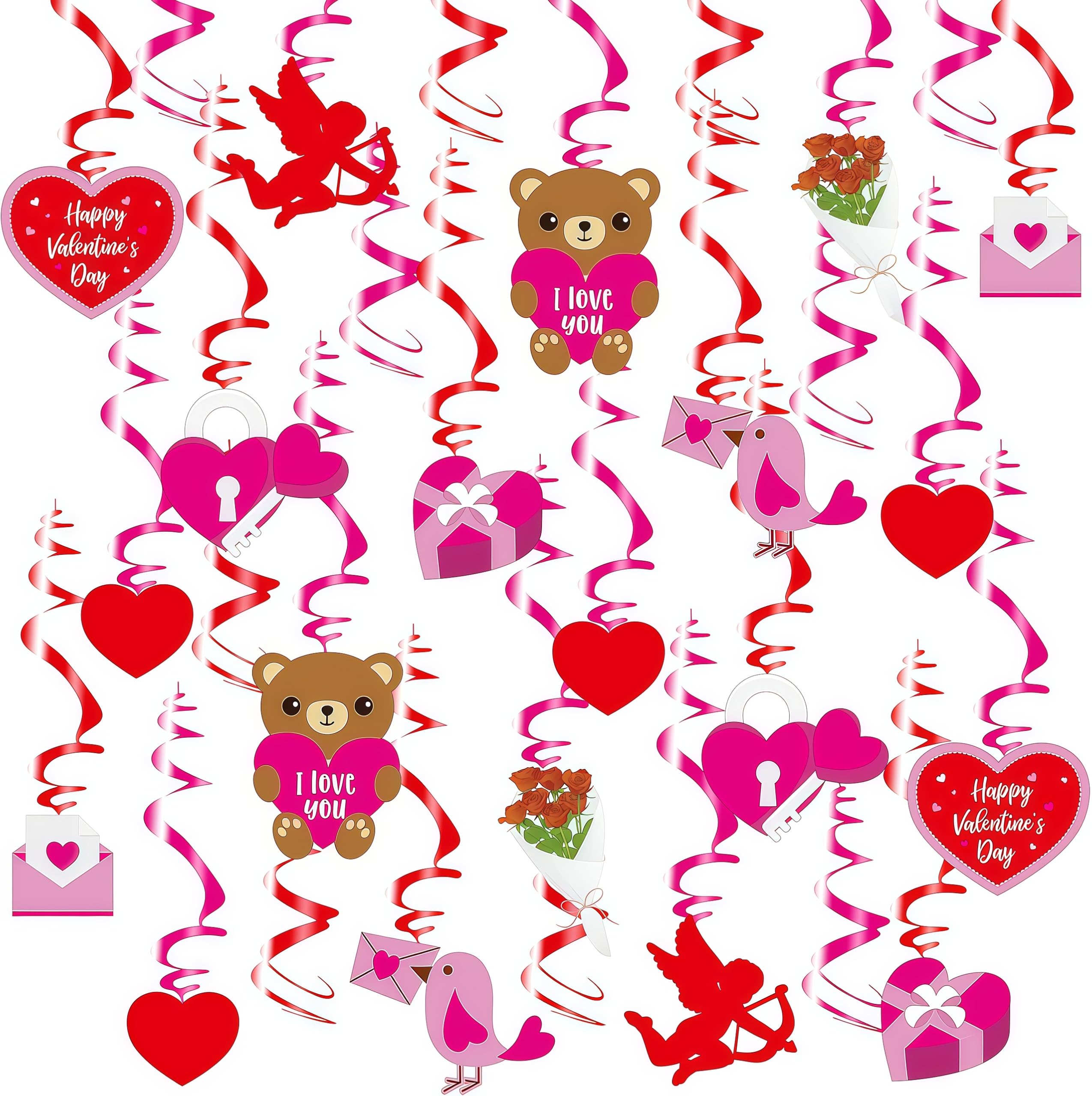 30 Rolls Valentine’s Day Party Hanging Swirl Decorations-Pink Red Heart Bear Hanging Swirls Ceiling Decorations Shiny Foil Swirls for Lover Valentine Day,Wedding Theme Home Party Supplies