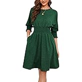 Summer Dresses for Women 2025 Casual 3/4 Sleeve Smocked Dress Crew Neck Elastic Waist A-Line Knee Length with Pocket