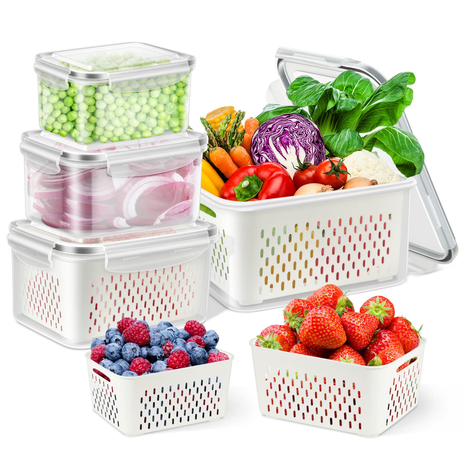 TBMax Fruit Storage Container for Fridge, 4 Pack Fresh Vegetable Container with Colander, Multifunctional Plastic Fridge Organizer Sets, Stackable Refrigerator Boxes for Kitchen