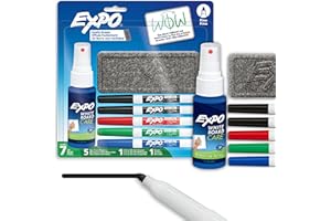 EXPO Dry Erase Markers Kit, Fine Tip, Assorted Colours, Eraser, Spray Cleaner, 7 Count