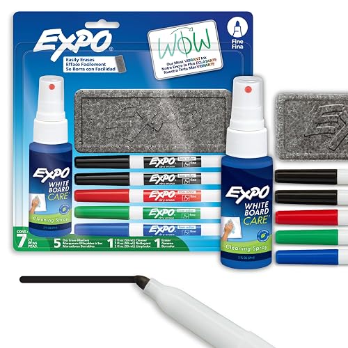 EXPO Dry Erase Markers Kit, Fine Tip, Assorted Colours, Eraser, Spray Cleaner, 7 Count