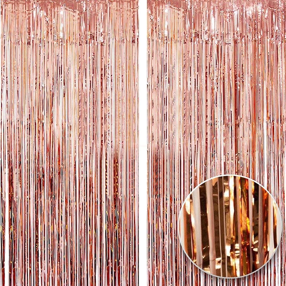 OWill Rose Gold Metallic Tinsel Curtain 2pcs 3ft x 8.3ft Backdrop