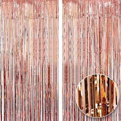 OWill Rose Gold Metallic Tinsel Curtain 2pcs 3ft x 8.3ft Backdrop