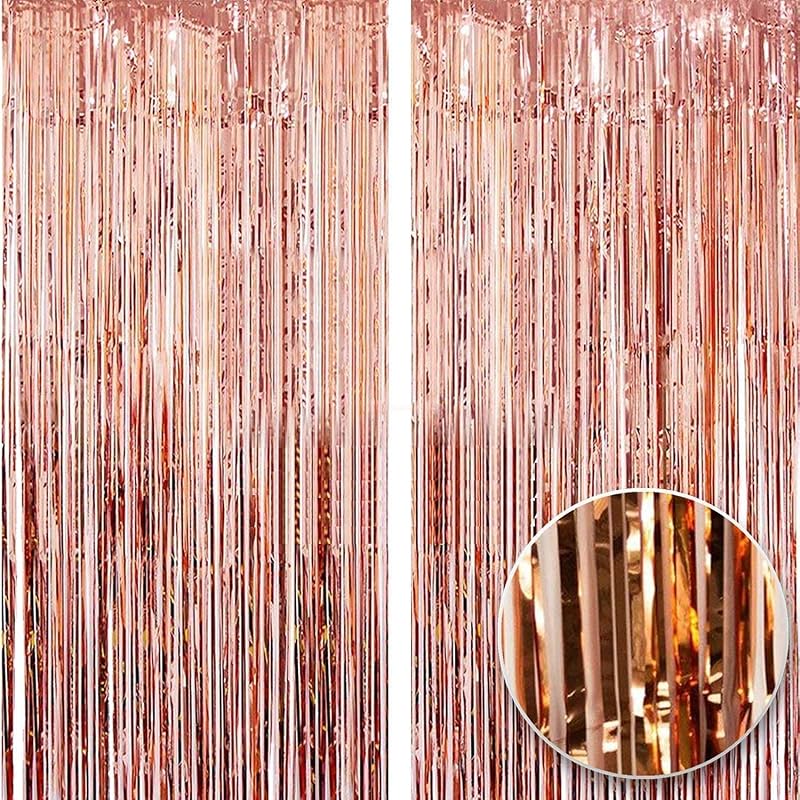 OWill Rose Gold Metallic Tinsel Curtain 2pcs 3ft x 8.3ft Backdrop