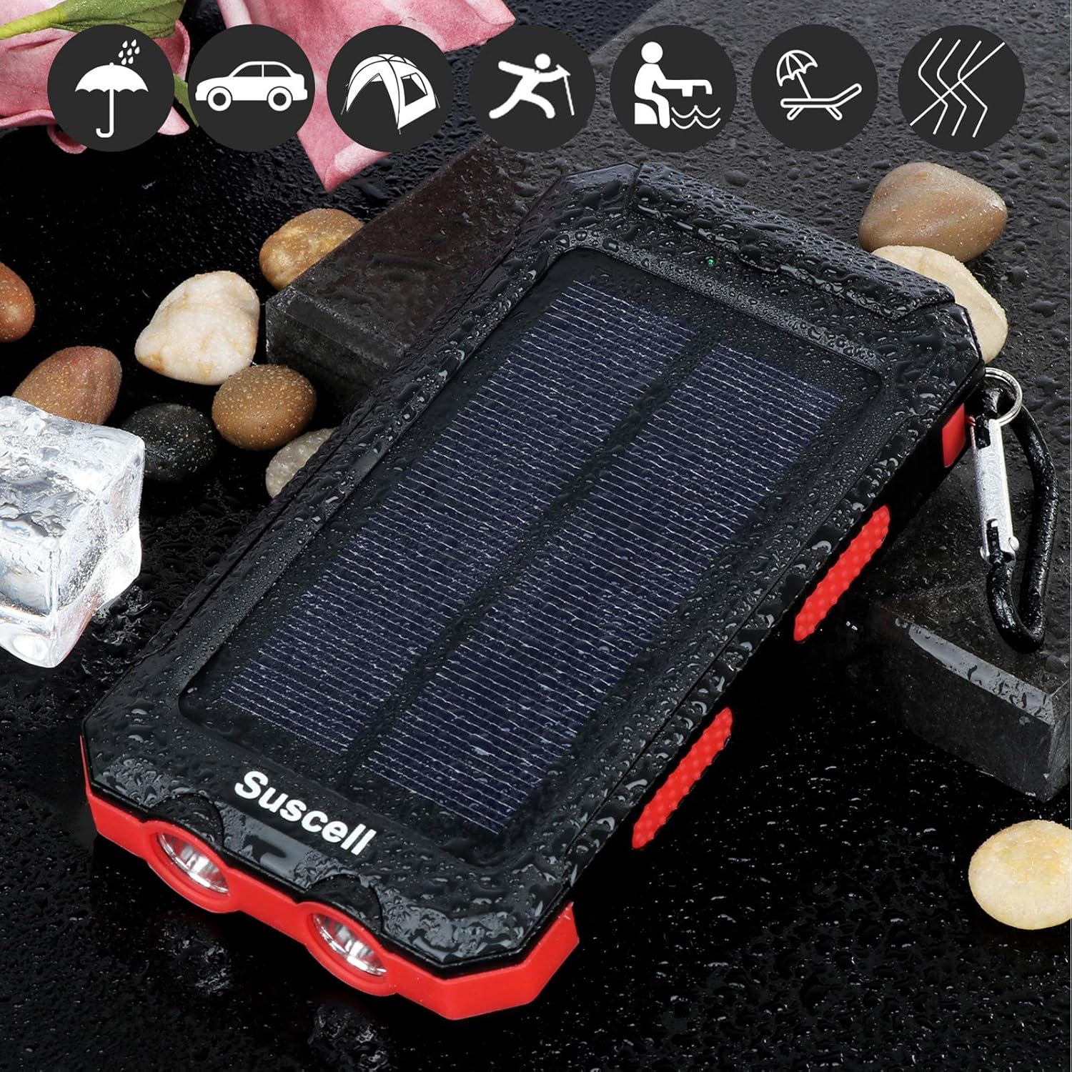 Solar Charger, SUSCELL 20000mAh Portable Solar Power Bank for Cell Phone, Dual 5V/2.1A USB Ports Output and 2 Led Flashlight, Perfect for Outdoor Trip/Emergency