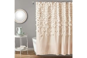 Lush Decor Lucia Shower Curtain - Fabric, Ruched, Floral, Textured Vintage Chic, Farmhouse Style Design, 72” x 72”, Ivory