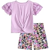 mksodop Girls Clothes 2-Piece Teen Girls clothes Lace Hollow Short-Sleeved Twist T-Shirt And Floral Short Girl Summer Outfits